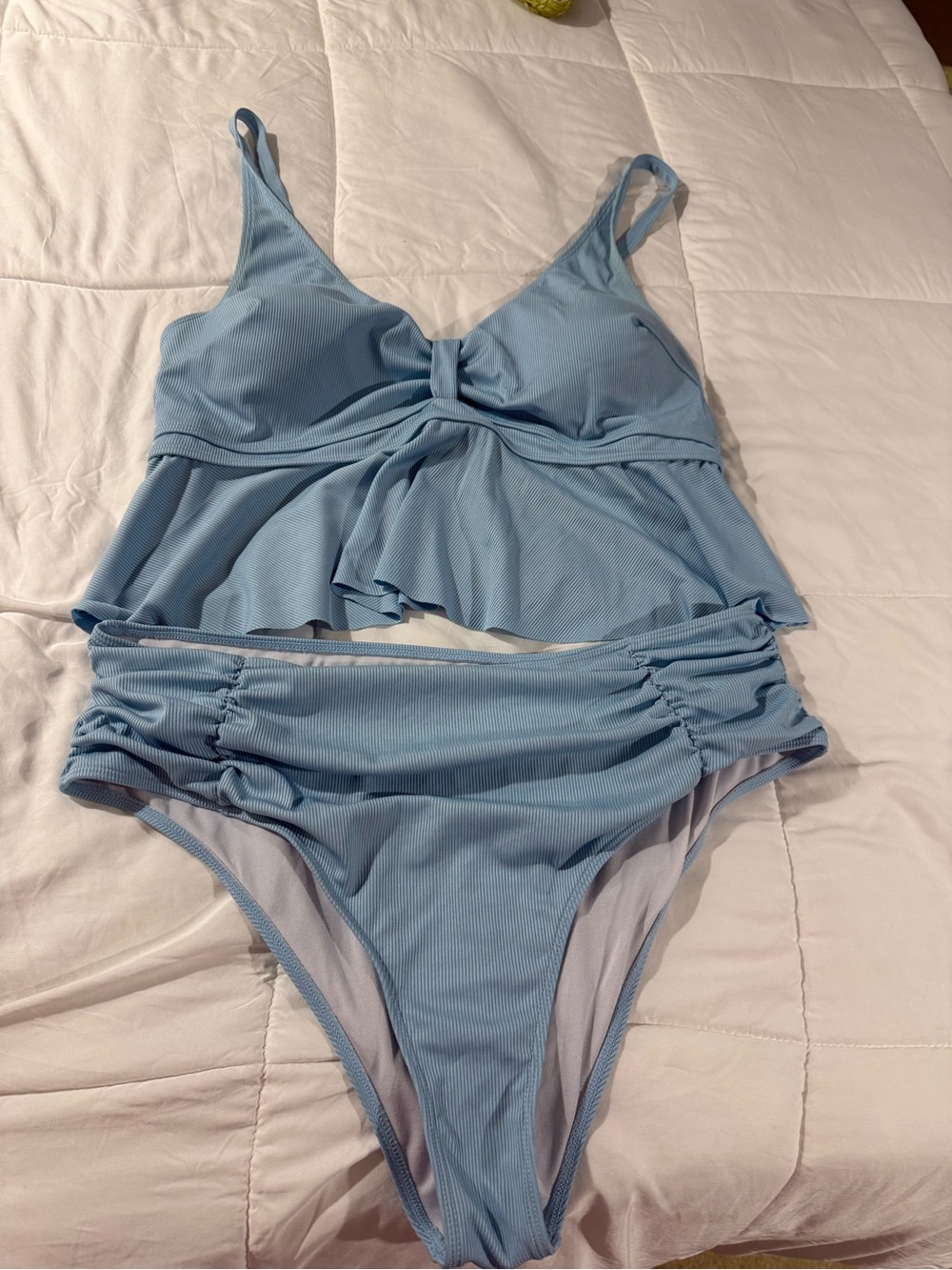 SHEIN Light Blue Ribbed Tankini Set with Knot Detail